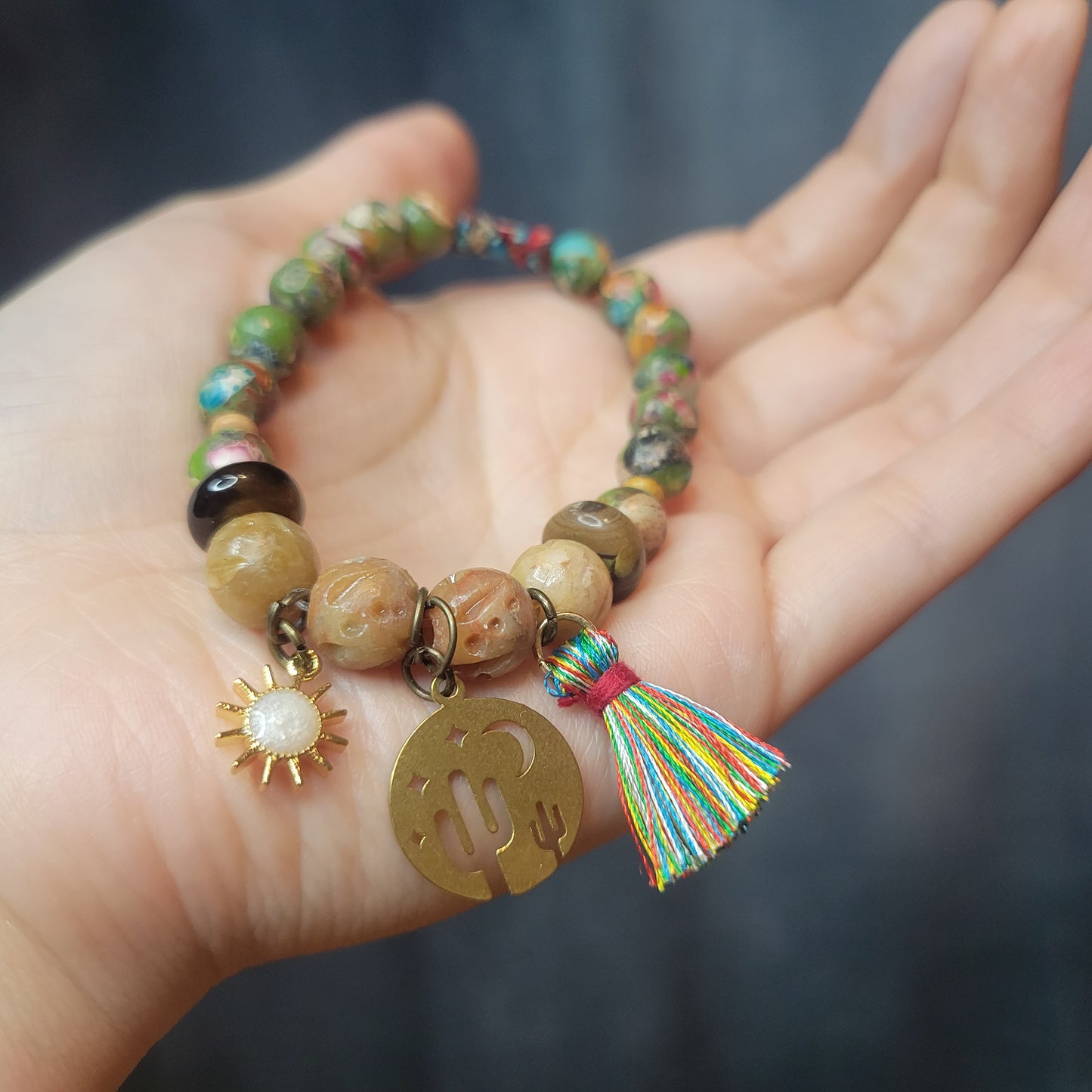 AURORA  BRACELET CACTUS, MOON, TASSEL & SUN GEMSTONE BRACELET