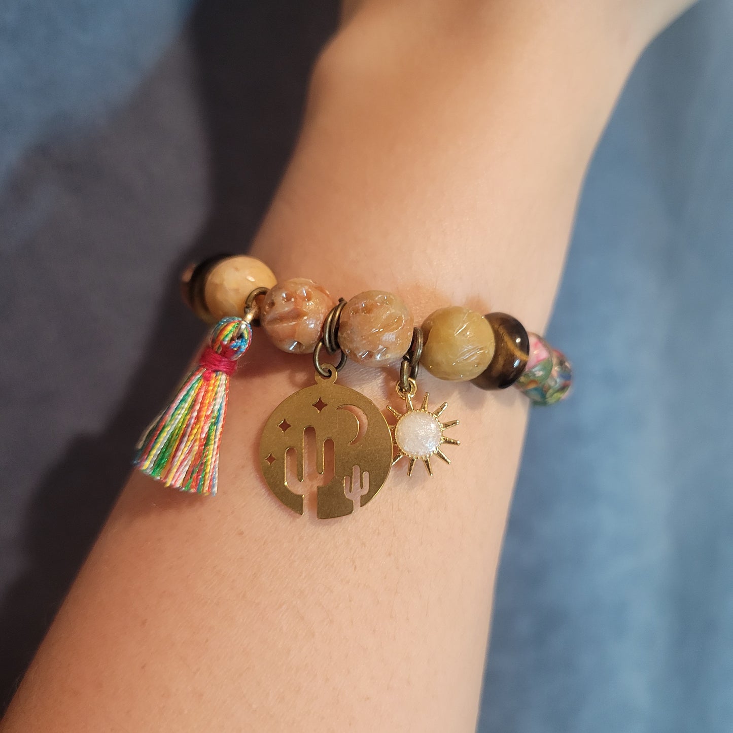 AURORA  BRACELET CACTUS, MOON, TASSEL & SUN GEMSTONE BRACELET