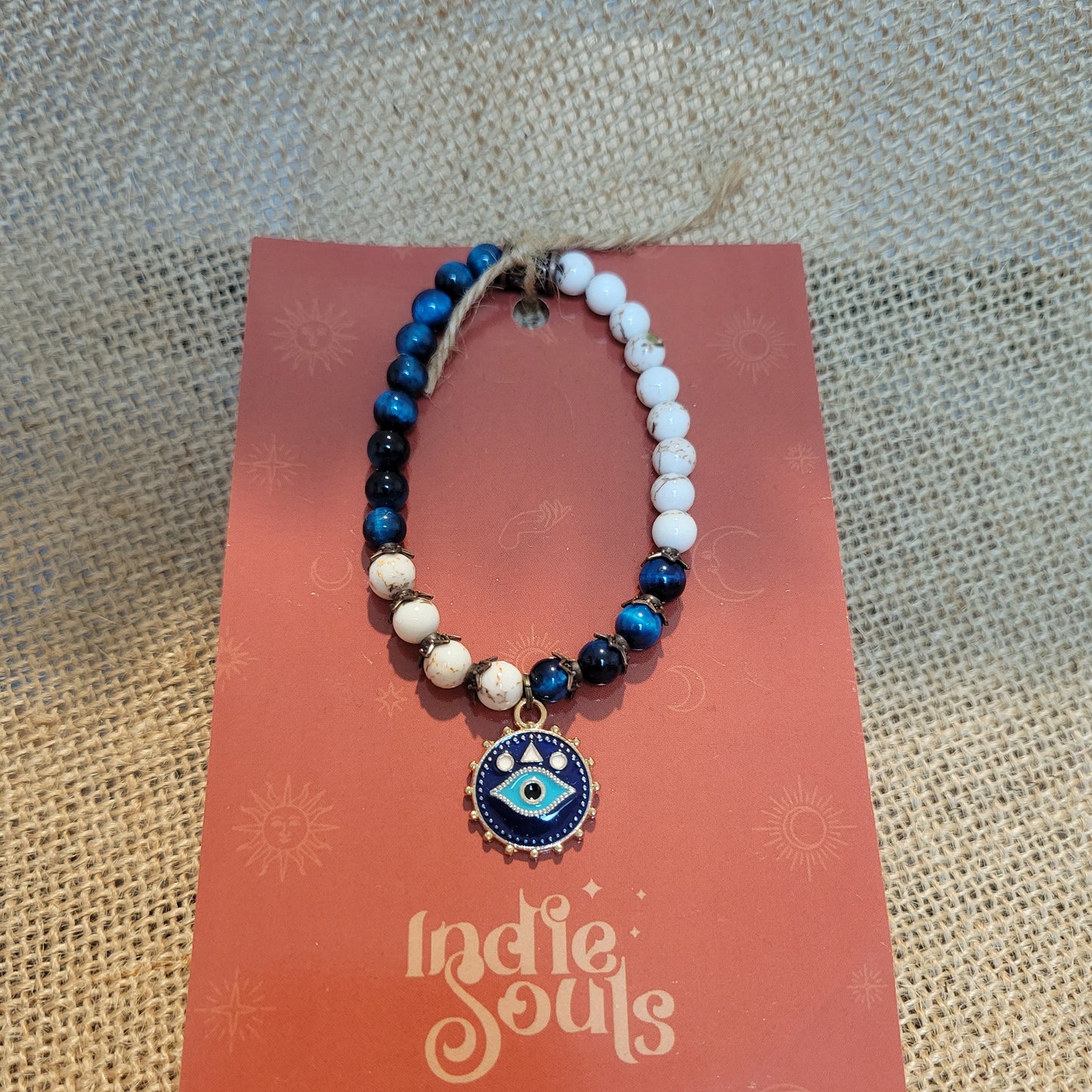 SOFÍA BRACELET DEVIL EYE CHARM, BLUE TIGER EYE STONE, WHITE SHELL GEMSTONE BRACELET