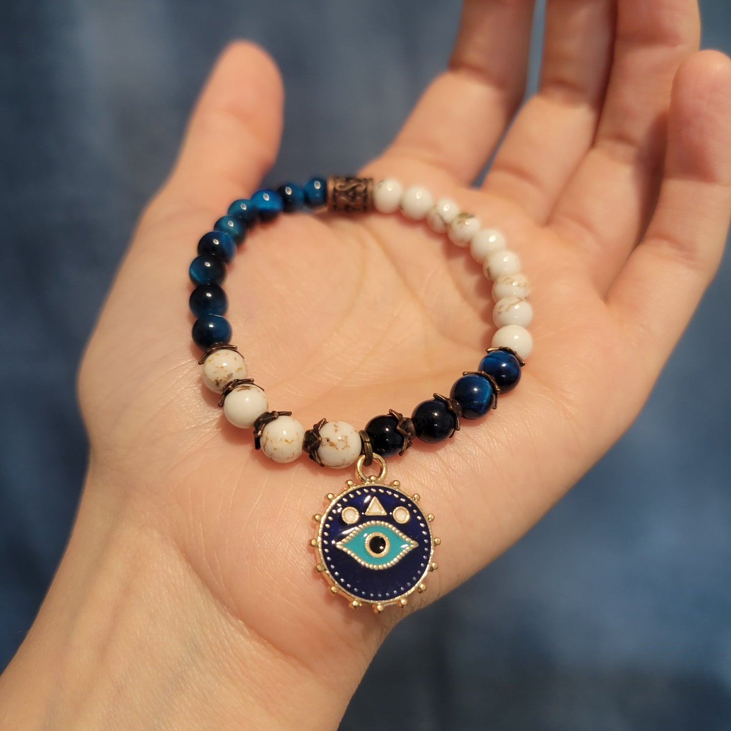 SOFÍA BRACELET DEVIL EYE CHARM, BLUE TIGER EYE STONE, WHITE SHELL GEMSTONE BRACELET