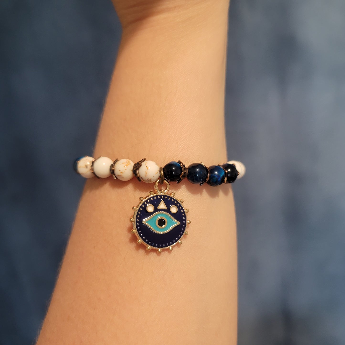 SOFÍA BRACELET DEVIL EYE CHARM, BLUE TIGER EYE STONE, WHITE SHELL GEMSTONE BRACELET