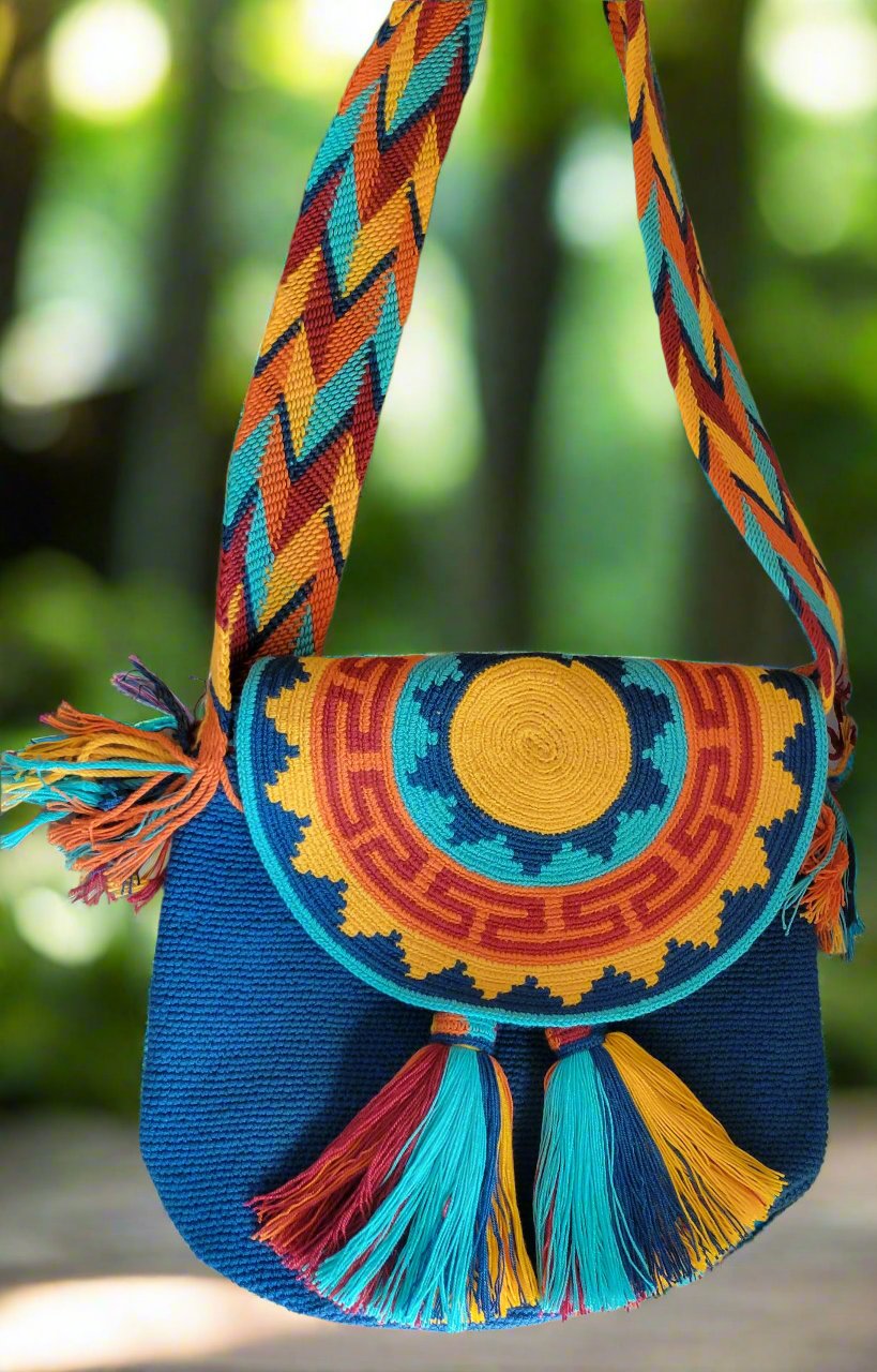 BECKY WAYUU HANDBAG, KIARA WAYUU HANDBAG, Traditional Best-Selling WAYUU Bag, Original Crochet Crossbody, Handmade Colombian Bucket Bag, Ethical Purse, Mochila Wayuu, boho handbag, hippie, handbag, blue, multicolor handbag