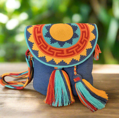 BECKY WAYUU HANDBAG, KIARA WAYUU HANDBAG, Traditional Best-Selling WAYUU Bag, Original Crochet Crossbody, Handmade Colombian Bucket Bag, Ethical Purse, Mochila Wayuu, boho handbag, hippie, handbag, blue, multicolor handbag