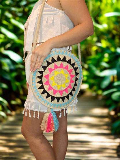 YULI DANIELA WAYUU handbag,Traditional Best-Selling WAYUU Bag, Original Crochet Crossbody, Handmade handbag, Ethical Purse, Mochila Wayuu, boho handbag, hippie crossbody bag, tassel handbag, boho round purse, Multicolor bag