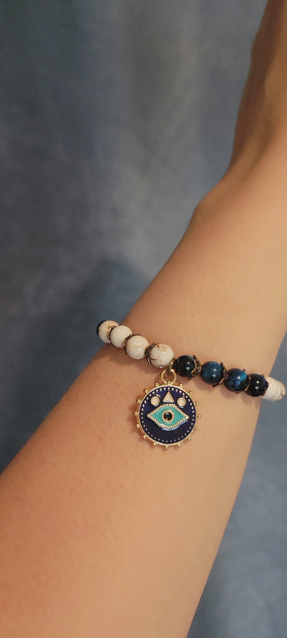 SOFÍA BRACELET DEVIL EYE CHARM, BLUE TIGER EYE STONE, WHITE SHELL GEMSTONE BRACELET