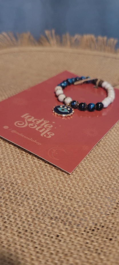 SOFÍA BRACELET DEVIL EYE CHARM, BLUE TIGER EYE STONE, WHITE SHELL GEMSTONE BRACELET