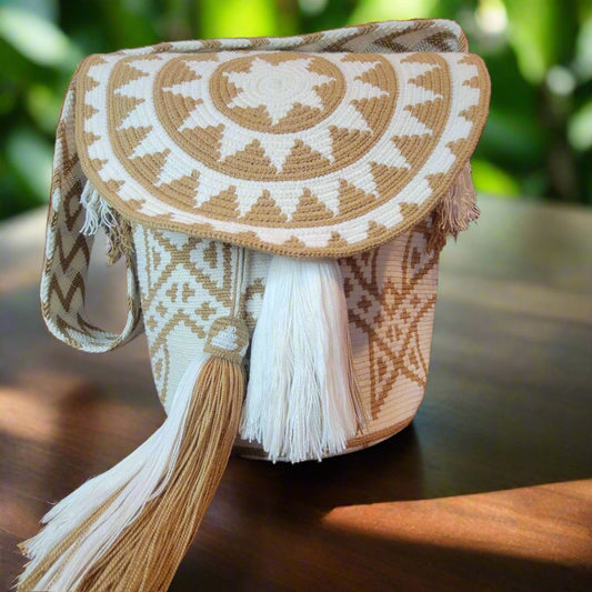 CELINA WAYUU HANDBAG,Traditional Best-Selling WAYUU Bag, Original Crochet Crossbody, Handmade Colombian Bucket Bag, Mochila Wayuu, boho handbag, hippie, handbag, white and beige color handbag