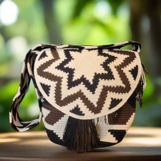 ADELIA WAYUU HANDBAG, KIARA WAYUU HANDBAG, Traditional Best-Selling WAYUU Bag, Original Crochet Crossbody, Handmade Colombian Bucket Bag, Mochila Wayuu, boho handbag, hippie, handbag, stripes handbag, retro handbag, Brown handbag